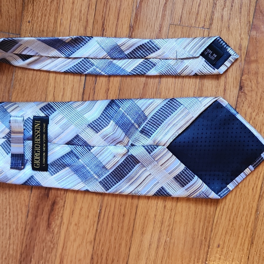 Giorgio Bissoni Men's Silk Tie Geometric Plaid Check Blue Gold Tan London Rome